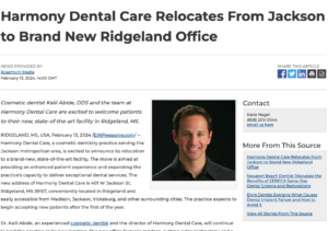 Cosmetic dentistry practice Harmony Dental Care relocates to Ridgeland, MS